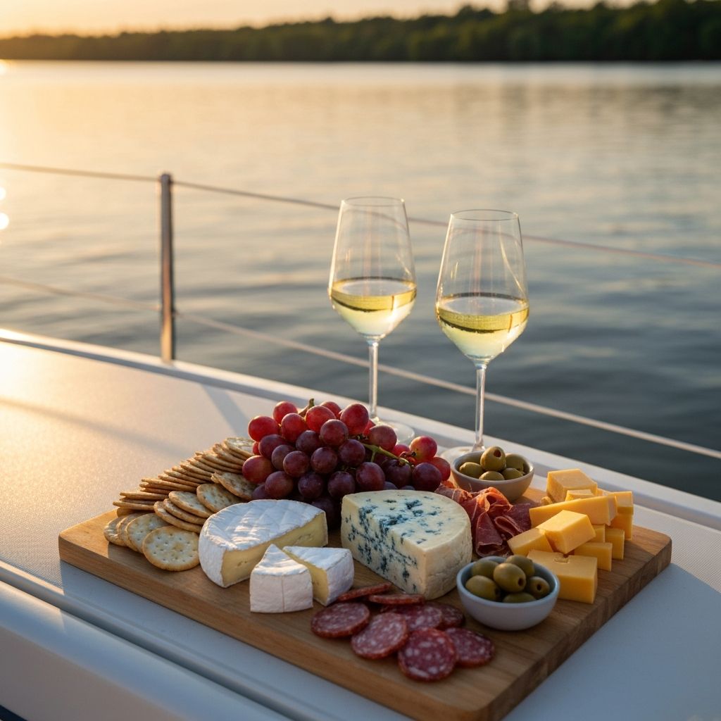 Charcuterie board with wine on the boat